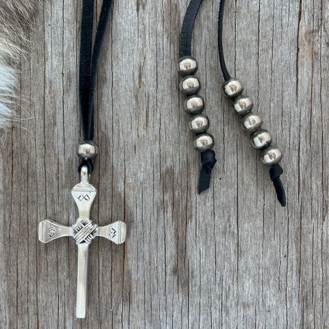 Artistic Sterling Silver Cross Pendant with German Silver Navajo Pearls on Black Leather ~ Lariat!